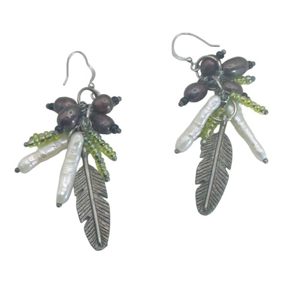 Sterling Genuine Pearl Dangle Earrings Biwa Pearls Feather Detail Beautiful Fun - Picture 6 of 7